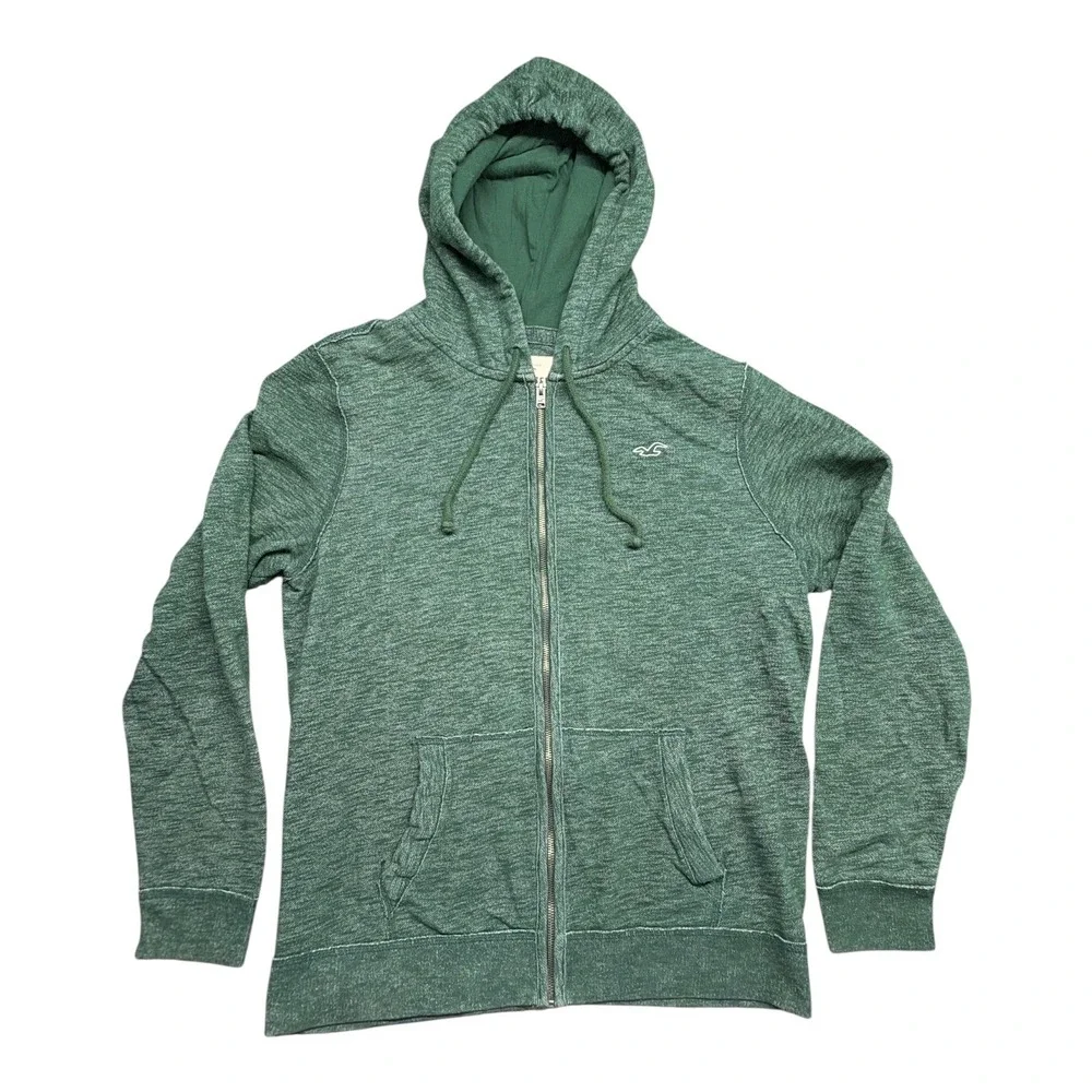 Y2K Hollister Mens Full Zip Hoodie Green Heather Marl Fleece Sweatshirt XL Logo